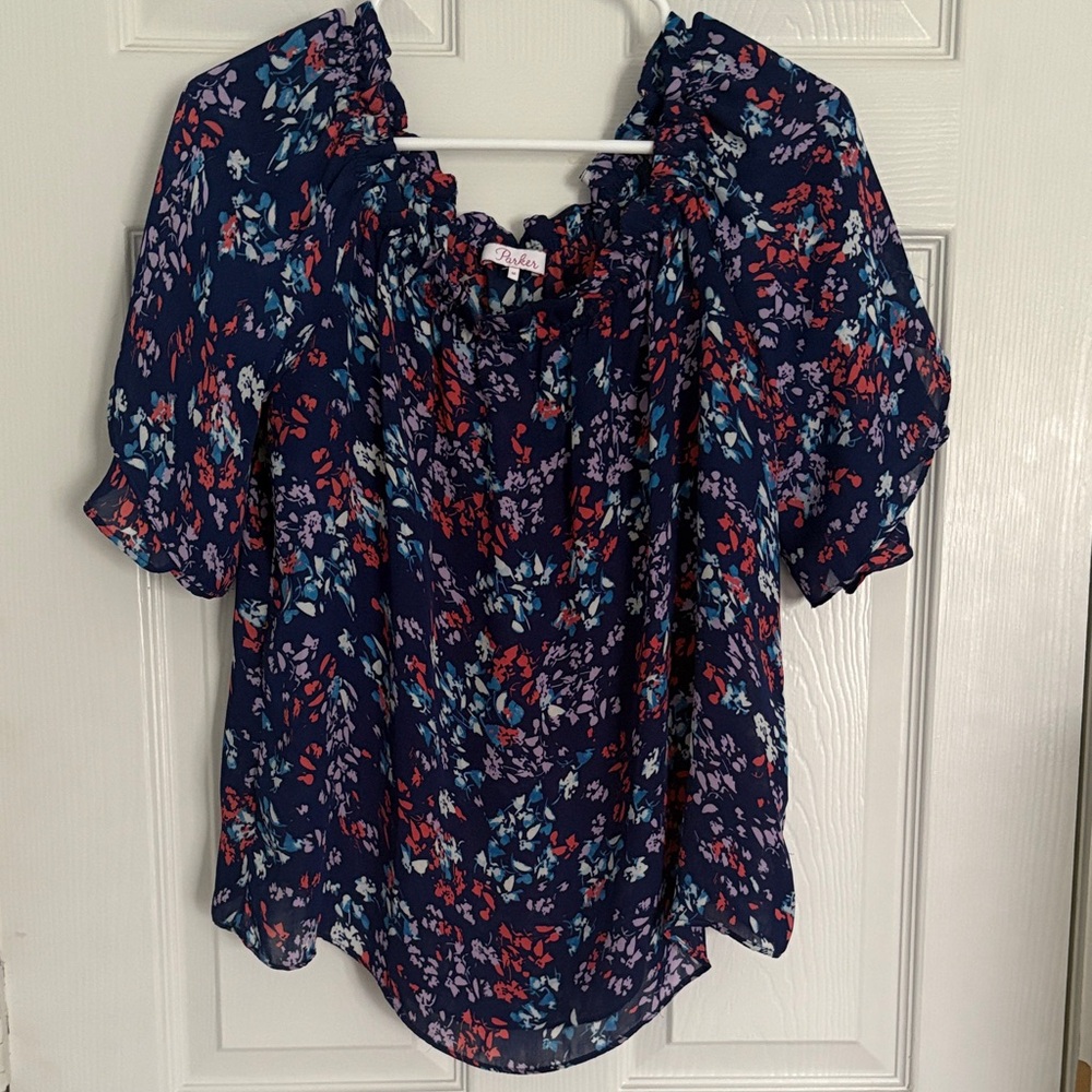 Parker Navy Floral Ruffle Blouse